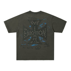 Charcoal Black Washed Cross Rhinestone Double‑Sided Graphic Short Sleeve T‑Shirt