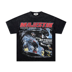 Black Washed Vintage Motorcycle Racer Double‑Sided Graphic Band‑Style T‑Shirt