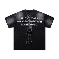 Black Washed Vintage Text Collage Double‑Sided Graphic Band‑Style T‑Shirt