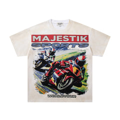 Off‑White Washed Vintage Motorcycle Racing Graphic Band‑Style T‑Shirt