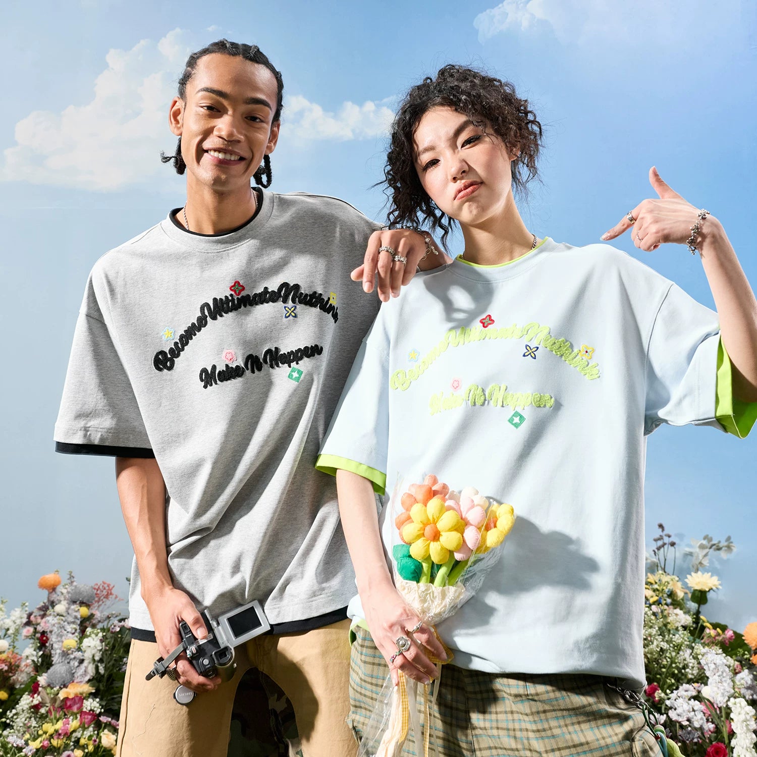 Nuthink American style fake two piece dopamine embroidered letter short sleeved T-shirt for men and women, cool feeling Sorona 2026 new item