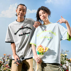 Nuthink American style fake two piece dopamine embroidered letter short sleeved T-shirt for men and women, cool feeling Sorona 2026 new item