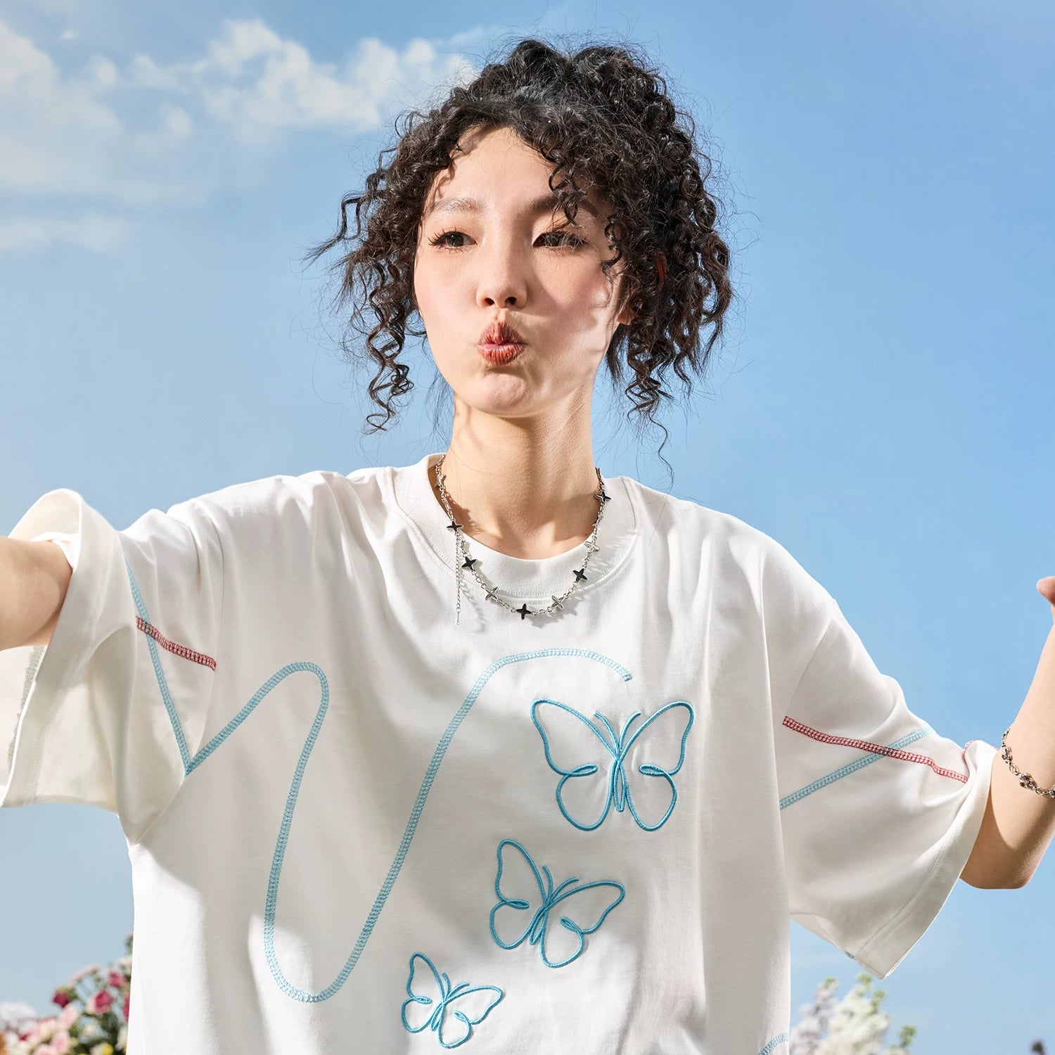 Nuthink American retro trendy brand embroidered butterfly Hasselblad thread cool short sleeved men's T-shirt women 2026 new summer