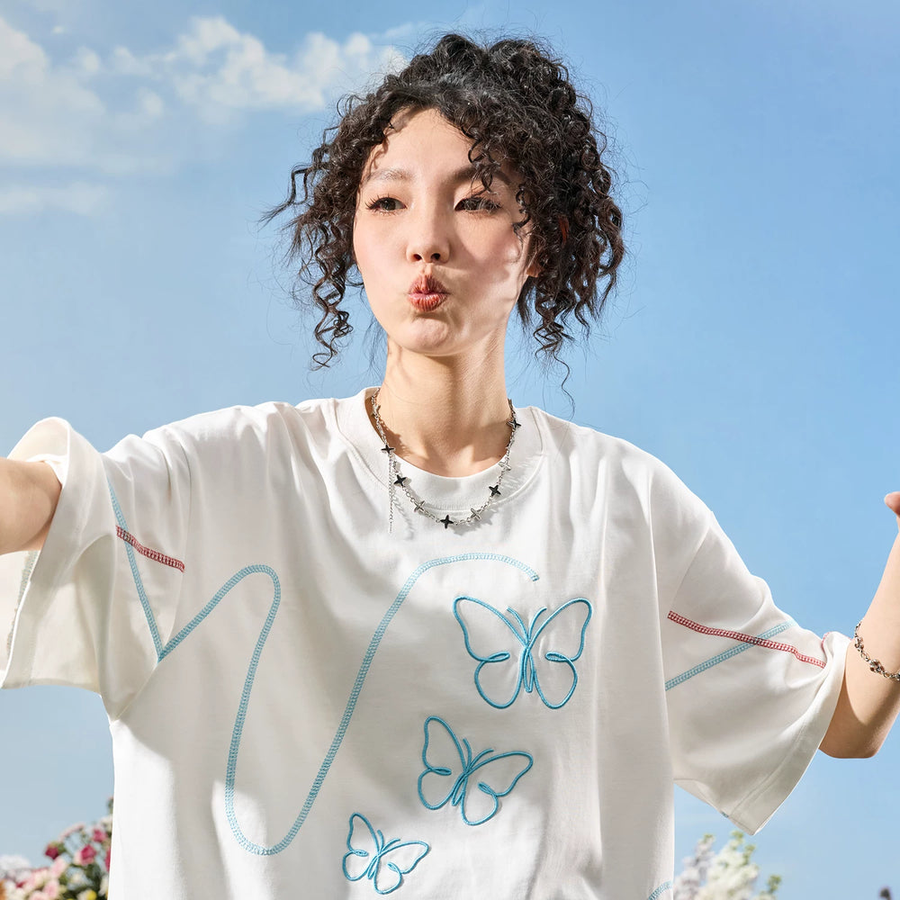 Nuthink American retro trendy brand embroidered butterfly Hasselblad thread cool short sleeved men's T-shirt women 2026 new summer