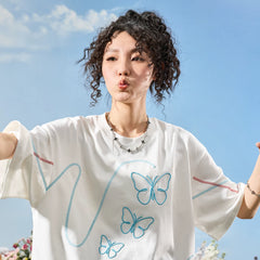 Nuthink American retro trendy brand embroidered butterfly Hasselblad thread cool short sleeved men's T-shirt women 2026 new summer