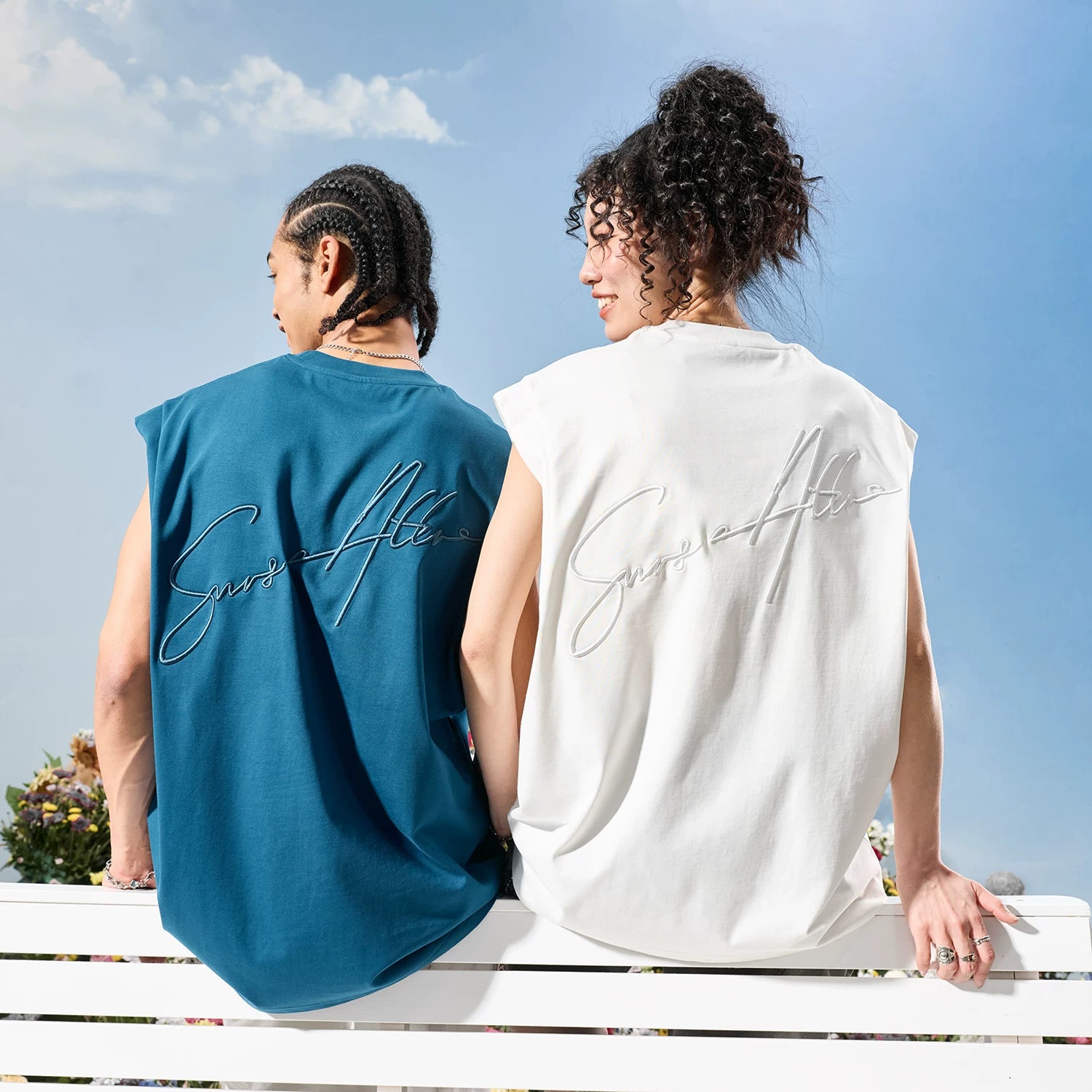 Nuthink American fashion brand letter embroidery retro peacock blue sleeveless vest men's style 2026 summer new item