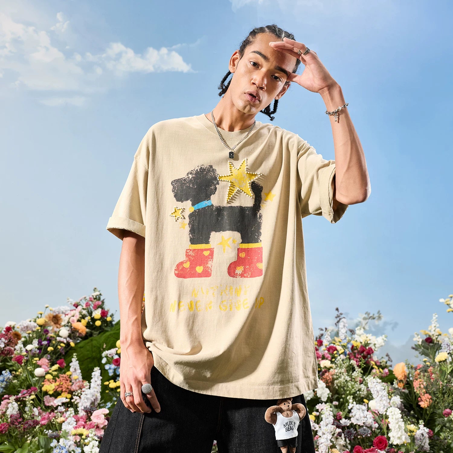 Nuthink American Trendy Brand Washed Graffiti Pearl Star Puppy Short sleeved T-shirt for Men and Women 2026 New Summer