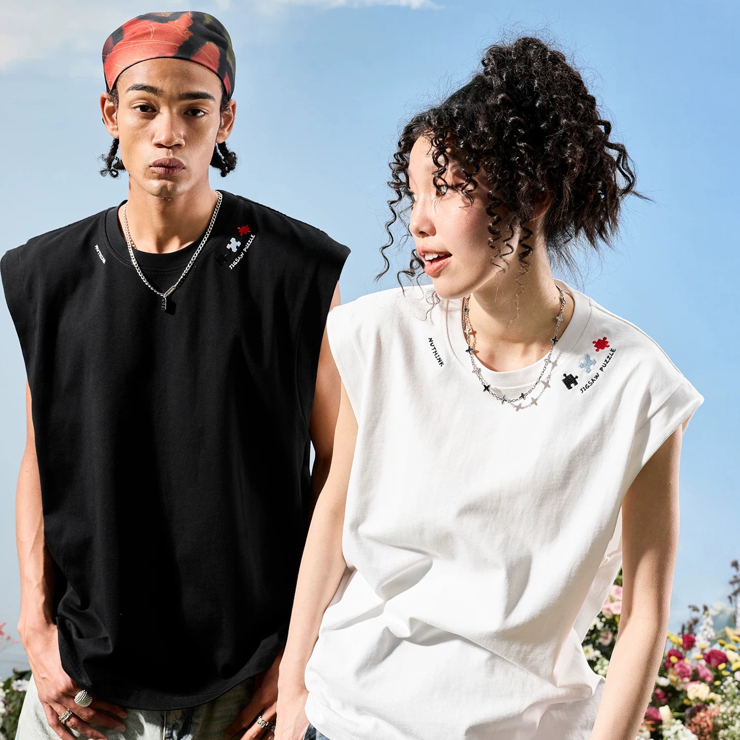 Nuthink American Trendy Brand Collar Embroidered Alphabet Puzzle Shoulder Sleeveless Tank Top Loose Men and Women 2026 New Style