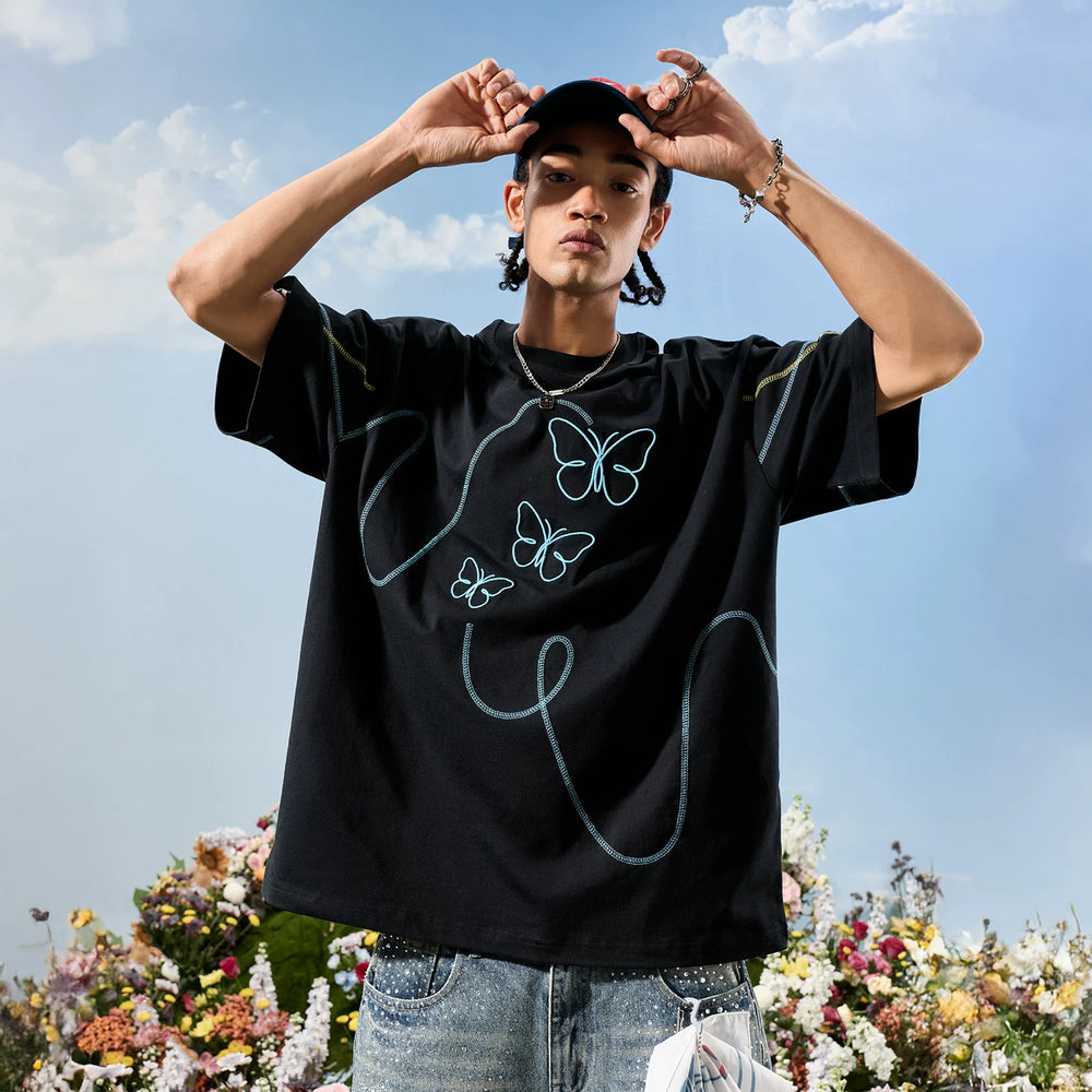 Nuthink American retro trendy brand embroidered butterfly Hasselblad thread cool short sleeved men's T-shirt women 2026 new summer