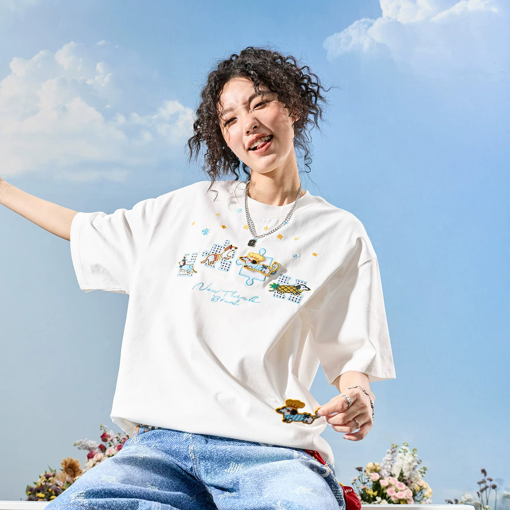 Nuthink American fashion brand embroidered puzzle sausage dog dog letter short sleeved men's T-shirt women 2026 summer new item