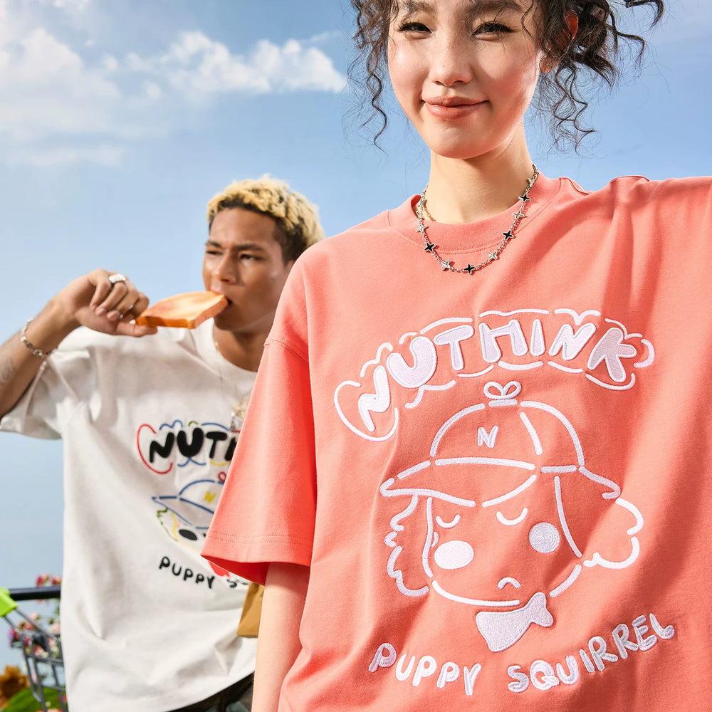 Nuthink American Trendy Brand Embroidered Letter Dog T-shirt Men's Short Sleeve Loose Couple 2026 Summer New Style