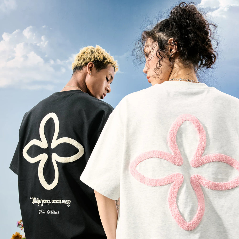 Nuthink American Trendy Four Leaf Clover Embroidered Letter Short Sleeve T-shirt Dopamine Men and Women 2026 Summer New Collection