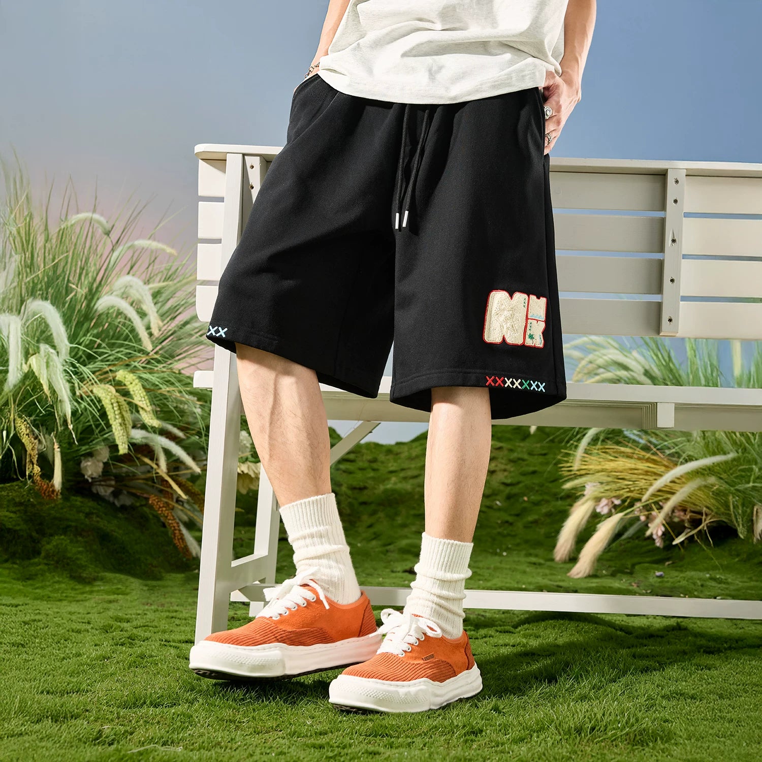 Nuthink American Trendy Brand Color blocked Letter Embroidered Men's Shorts Men's Pentagram Mid Pants 2026 New Summer