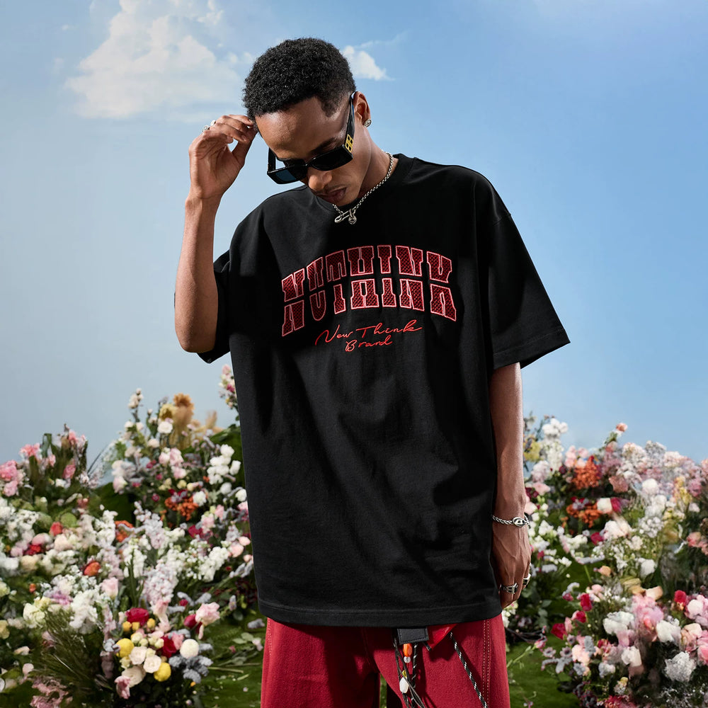 Nuthink American Trendy Heavy Industry Embroidered Letter Short Sleeve Men's Solona Cool T-shirt 2026 Summer New Edition
