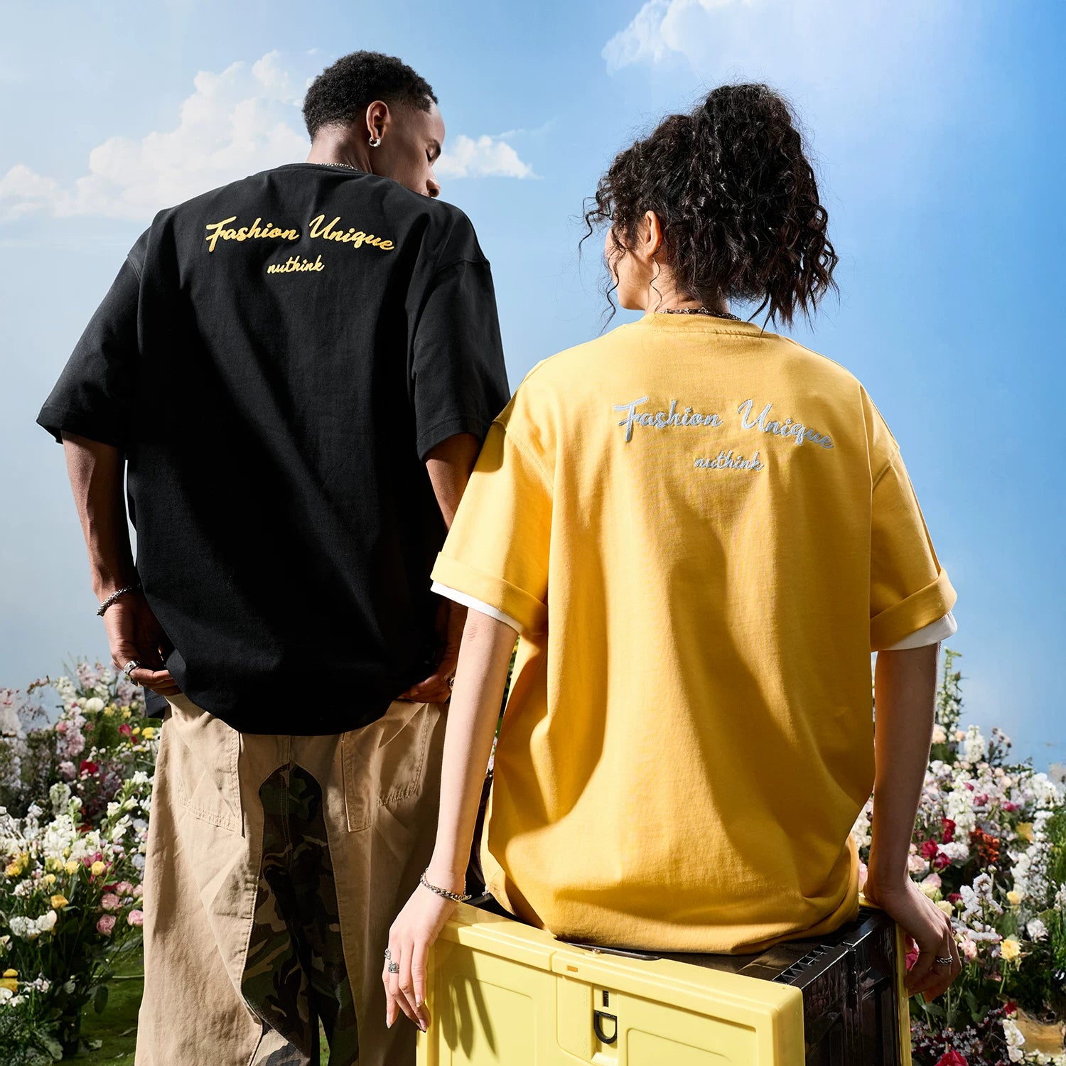 Nuthink American retro trendy brand contrasting letters embroidery short sleeved men's T-shirt yellow women's 2026 summer new item