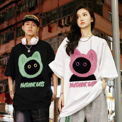 Nuthink China-Chic Loose Couple Cute Cartoon Cat T-shirt Short Sleeve Same for Men and Women Summer 2026