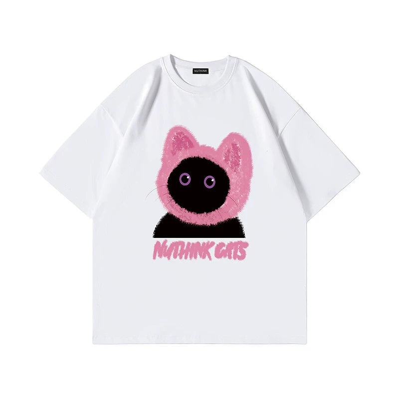 Nuthink China-Chic Loose Couple Cute Cartoon Cat T-shirt Short Sleeve Same for Men and Women Summer 2026