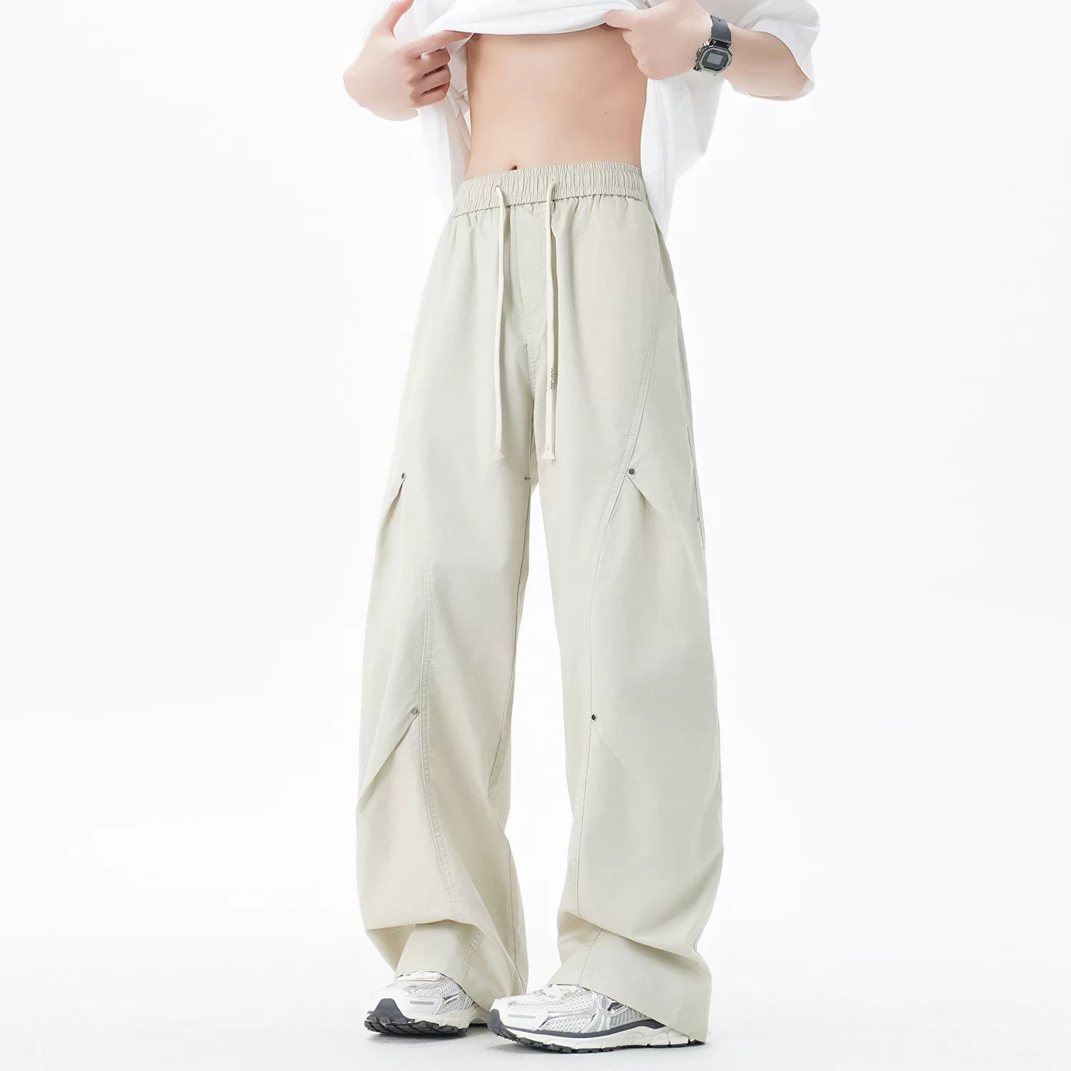 Nuthink American retro double pleated rivet curved knife pants men's trendy brand wash water straight leg pants 2025 autumn new item