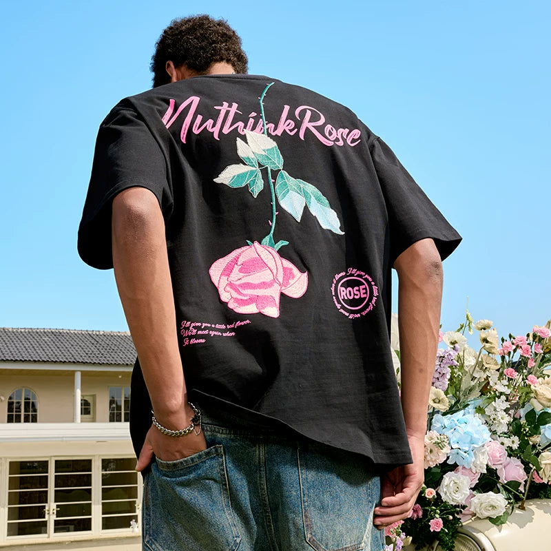 Nuthink Rose Embroidered Short Sleeve T-shirt Heavy American Half Sleeve Retro Loose Letter Men and Women Summer 2026