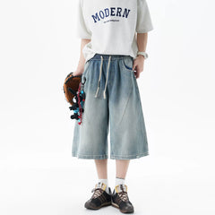 Nuthink American retro straight leg denim shorts, cropped pants, trendy brand casual elastic men and women, 2026 summer new item