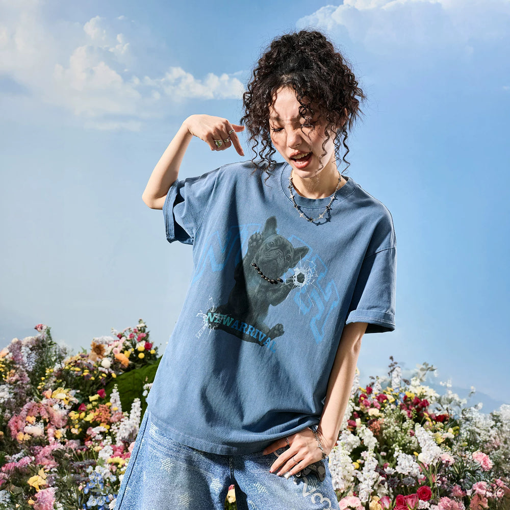 Nuthink American retro trendy brand washed and worn puppy short sleeved men's pearl T-shirt women's 2026 summer new item