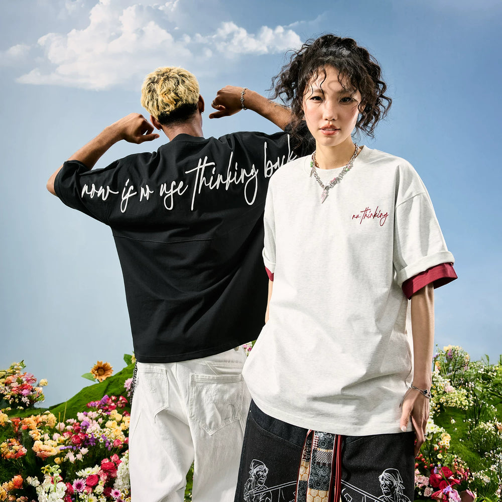 Nuthink American Trendy Brand Embroidered Letter T-shirt Men's Short Sleeve Street Trendy Loose Women's 2026 Summer New Style