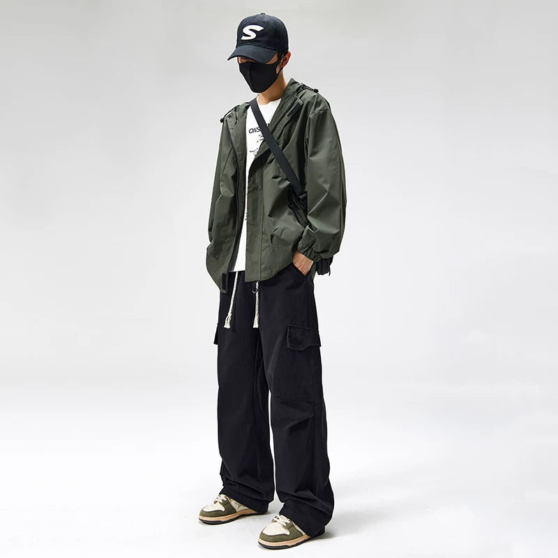 Nuthink American workwear pants with large pockets and thick fleece, casual straight leg pants, men's trendy autumn men's pants