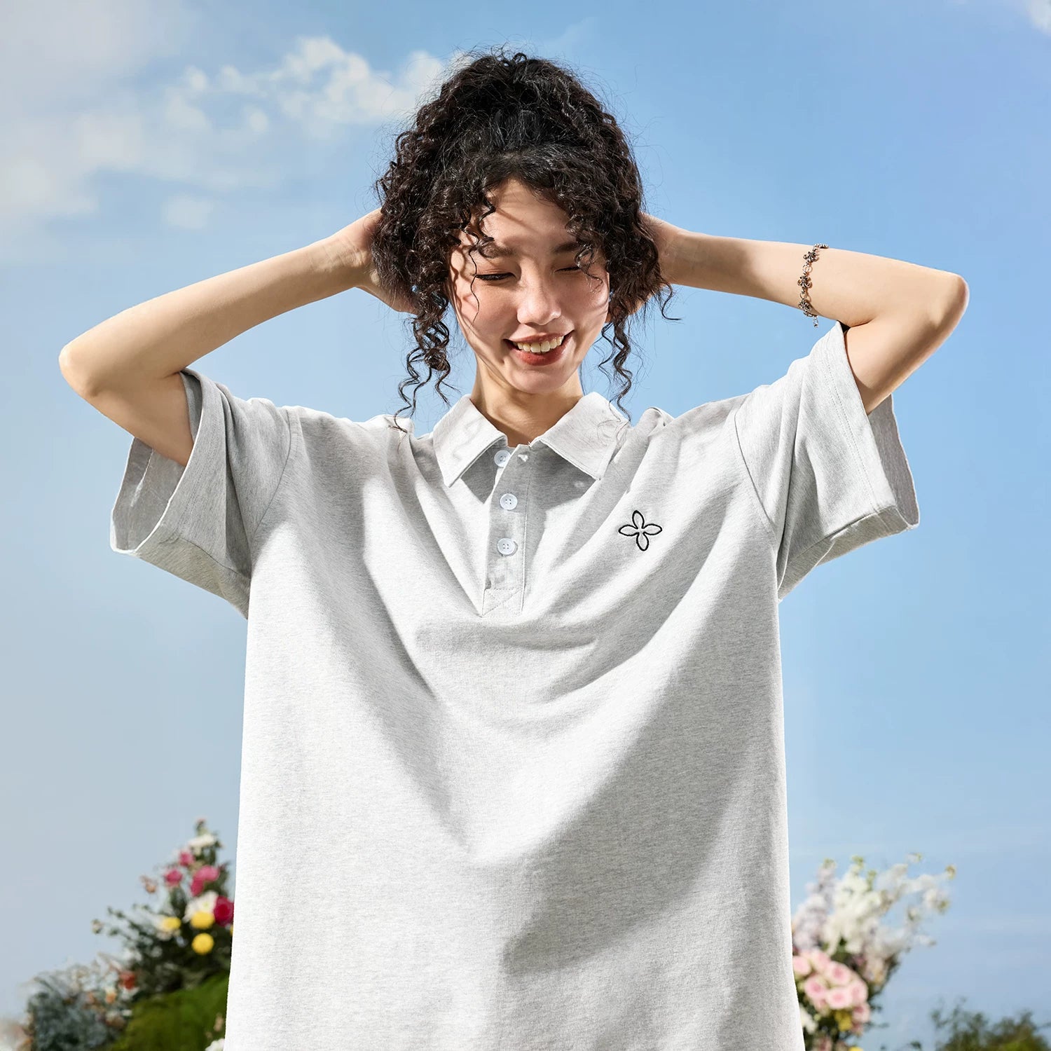 Nuthink American fashion brand simple embroidery four leaf clover polo shirt men's short sleeved loose women 2026 new summer