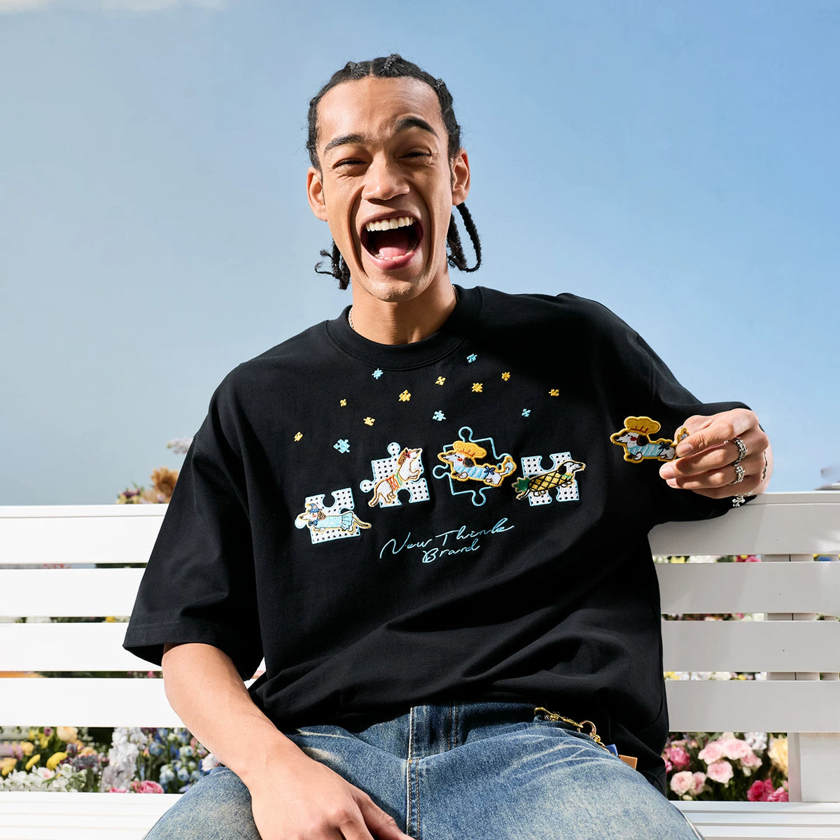 Nuthink American fashion brand embroidered puzzle sausage dog dog letter short sleeved men's T-shirt women 2026 summer new item