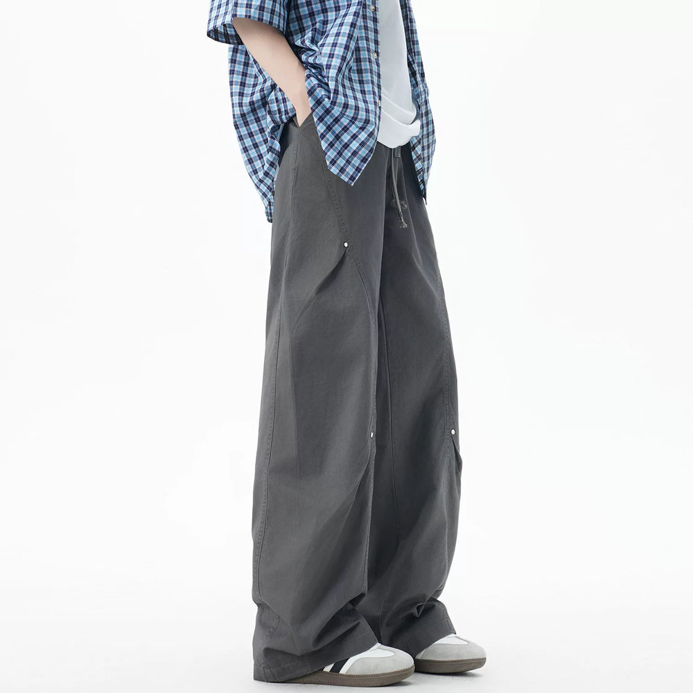 Nuthink American retro double pleated rivet curved knife pants men's trendy brand wash water straight leg pants 2025 autumn new item