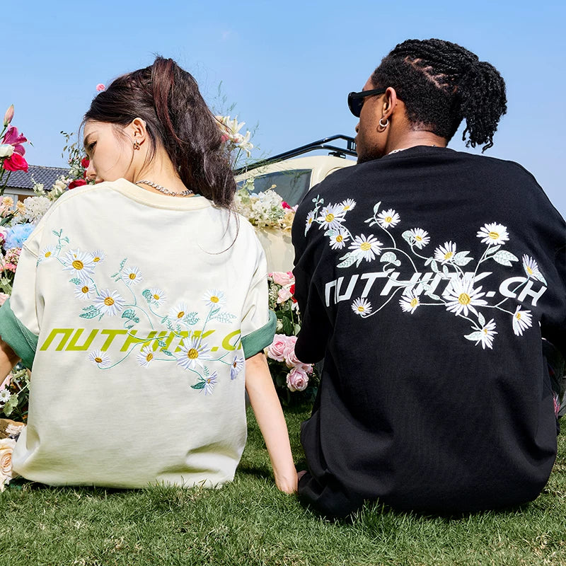 Nuthink Daisy Embroidered Letter Short Sleeve T-shirt American Retro Trendy Brand Couple Men and Women 2026 Summer New Collection