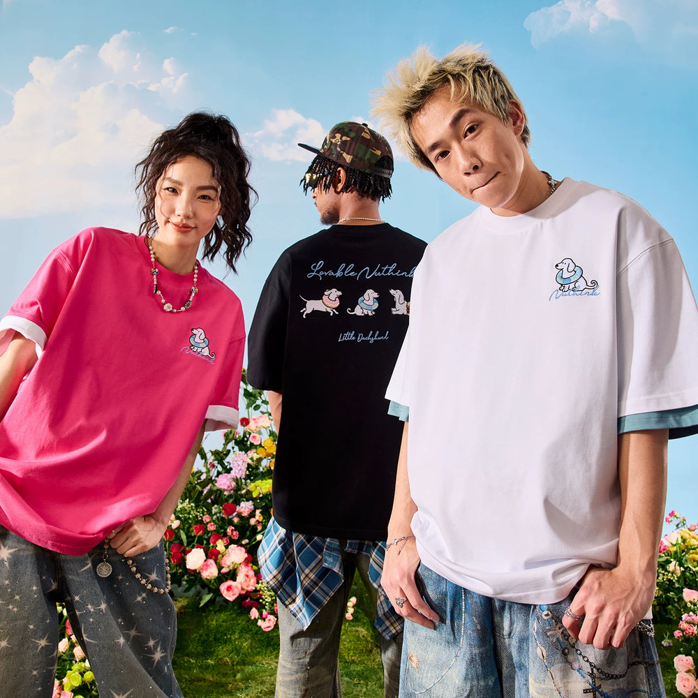 Nuthink Heavy Dog Sausage Dog Embroidery Short Sleeve T-shirt Rose Red Male and Female Couple 2026 Summer New Collection