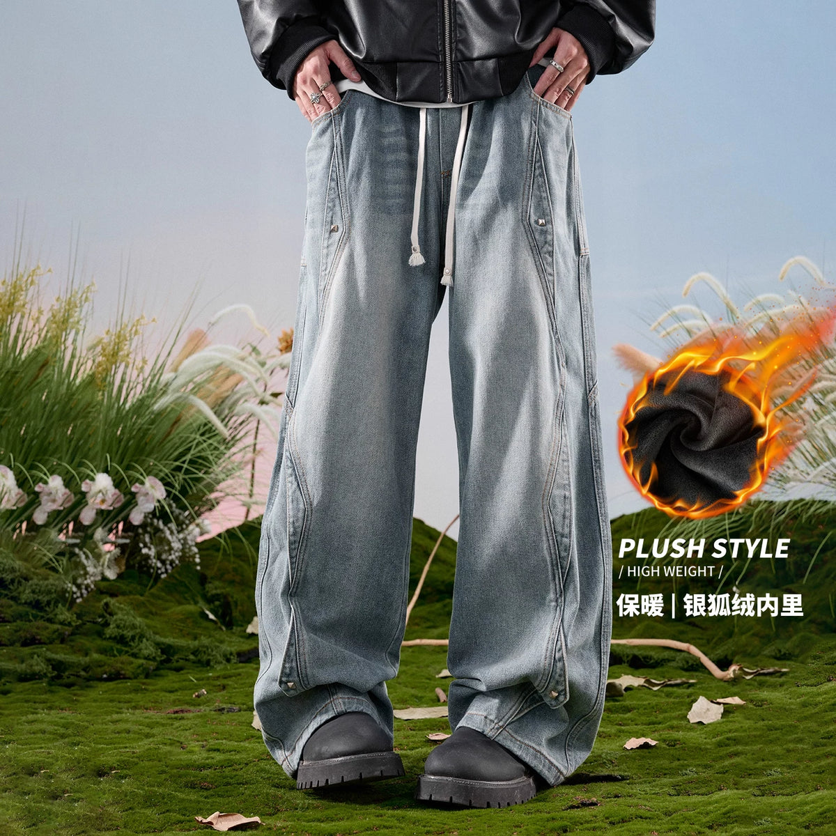 Nuthink American Retro Splicing Wide Leg Jeans, Washed and Used Crooked Pants, Men's Long Pants, Spring 2026
