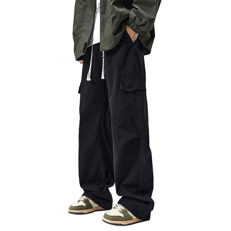 Nuthink American workwear pants with large pockets and thick fleece, casual straight leg pants, men's trendy autumn men's pants