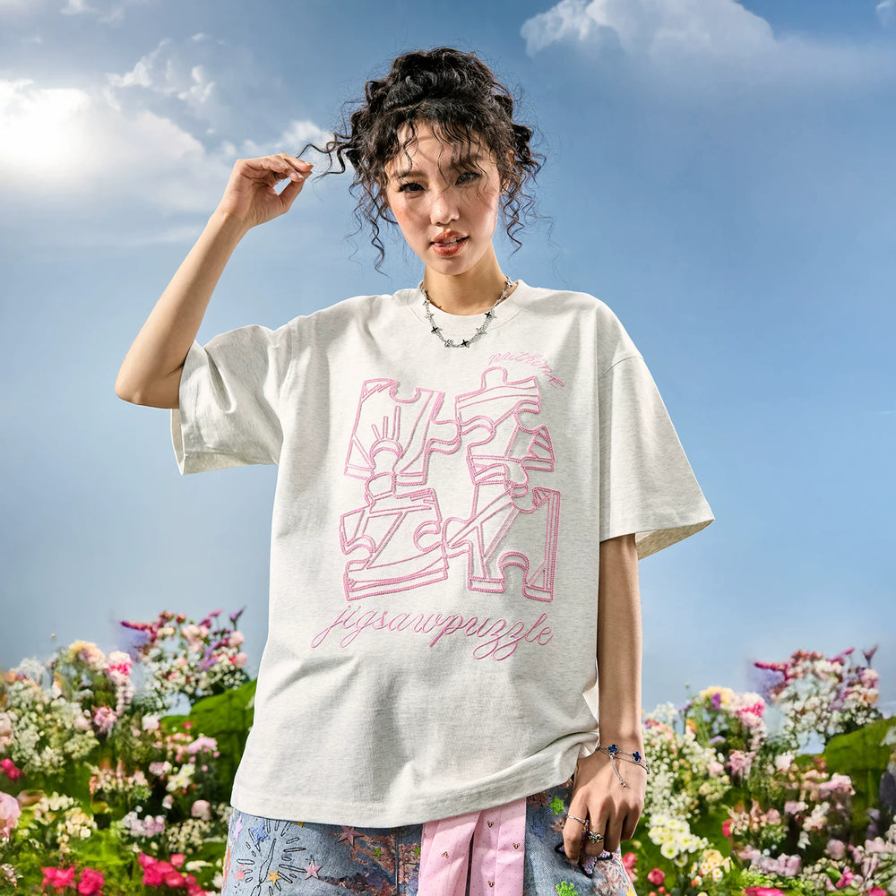 Nuthink American retro trendy brand dopamine embroidery puzzle short sleeved T-shirt for couples, summer 2026 new item