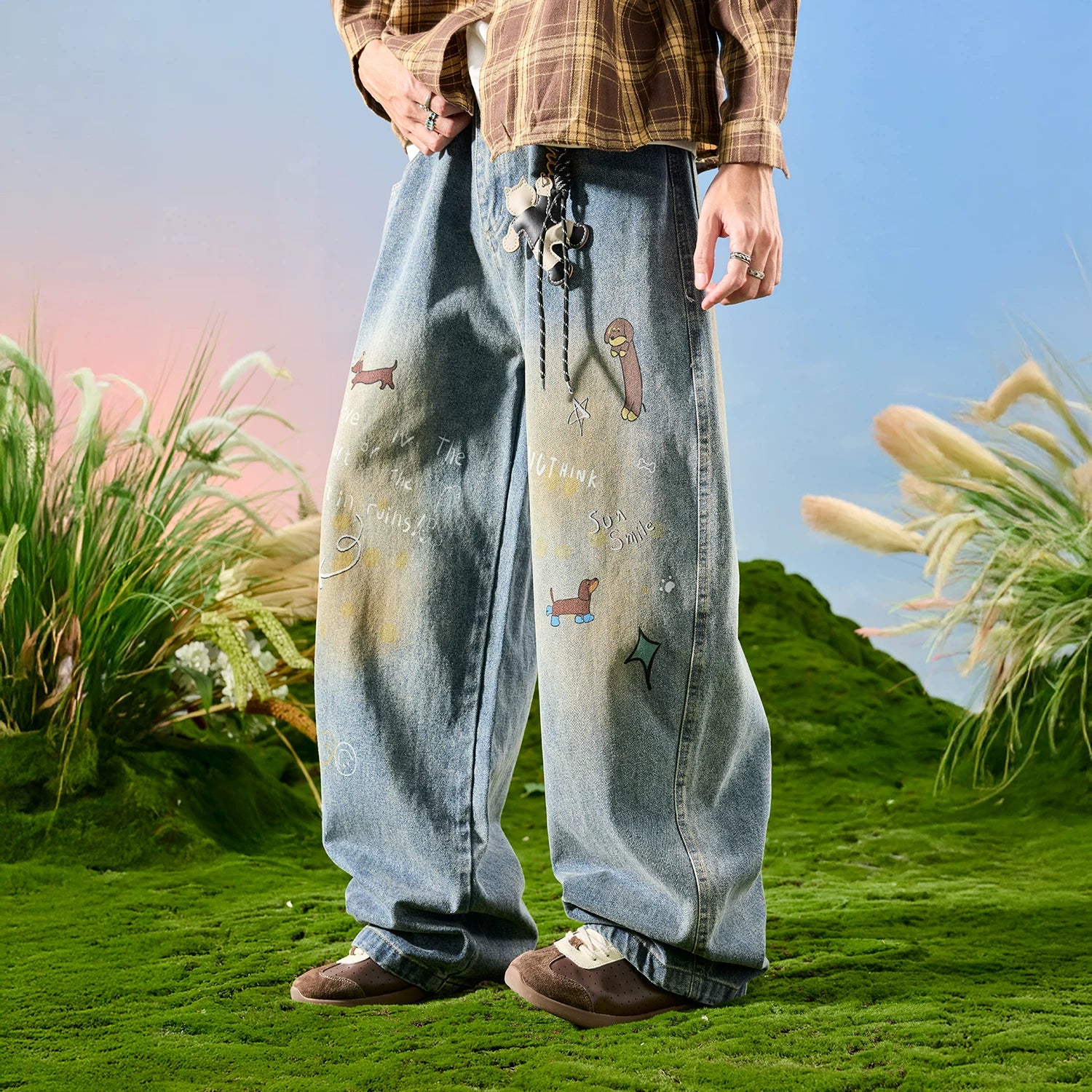 Nuthink American retro style puppy jeans, wide-leg, washed, distressed, drapey pants for men, new model for spring 2026