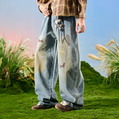 Nuthink American retro style puppy jeans, wide-leg, washed, distressed, drapey pants for men, new model for spring 2026