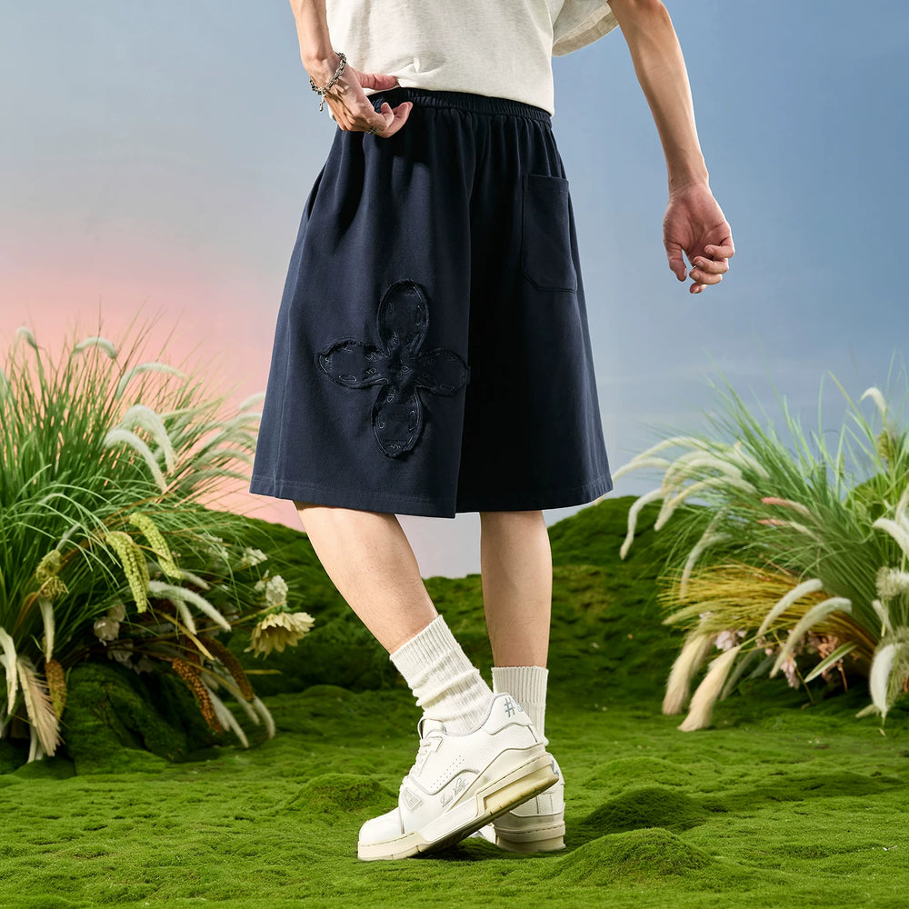 Nuthink American fashion brand embroidered four leaf clover five quarter pants men's shorts mid pants loose 2026 new summer
