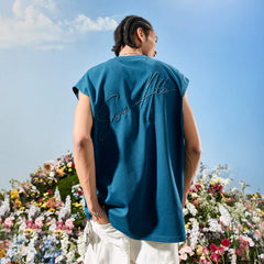 Nuthink American fashion brand letter embroidery retro peacock blue sleeveless vest men's style 2026 summer new item