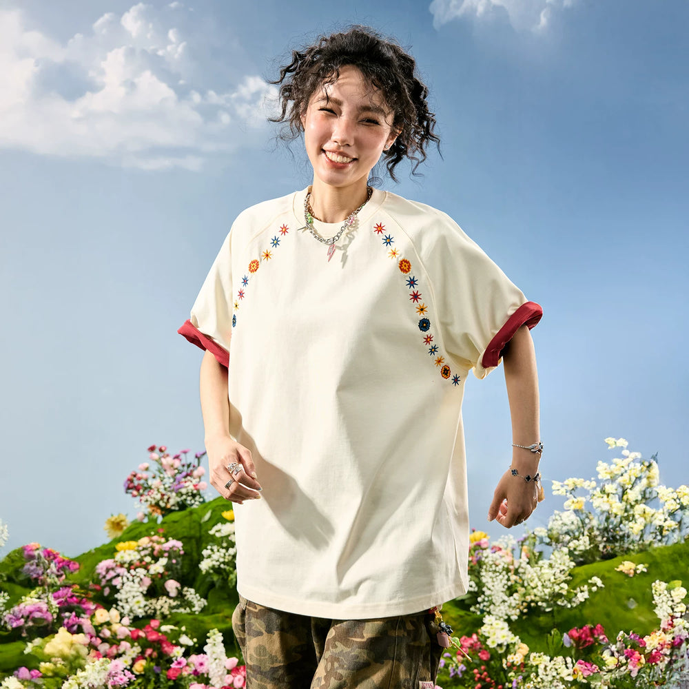 Nuthink American retro color floral embroidery T-shirt men's short sleeved T-shirt men's and women's 2026 summer new item