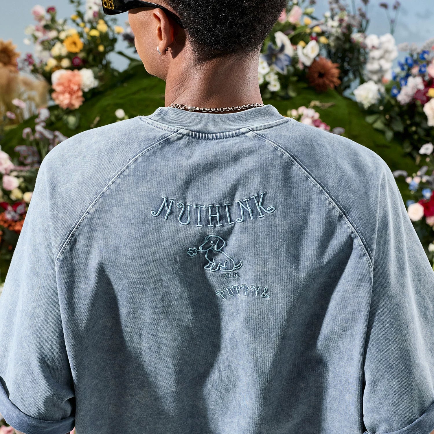 Nuthink American washed vintage dog letter embroidered short sleeved T-shirt for men and women with raglan sleeves 2026 summer new item