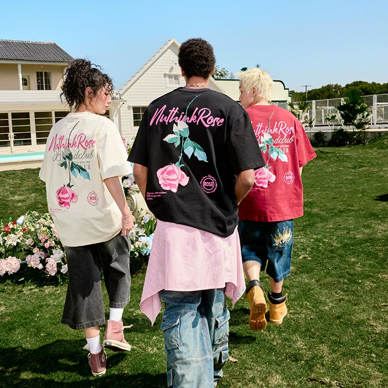 Nuthink Rose Embroidered Short Sleeve T-shirt Heavy American Half Sleeve Retro Loose Letter Men and Women Summer 2026