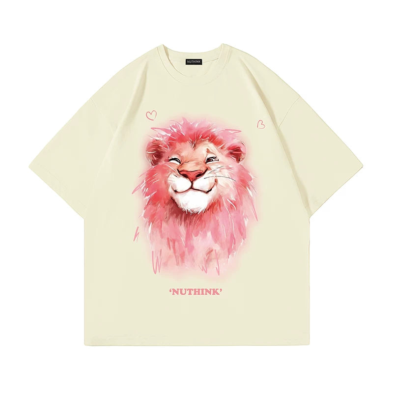Nuthink heavyweight niche couple lion short sleeved men's summer American T-shirt trend loose oversized half sleeved top