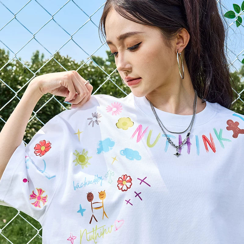 Nuthink Dopamine Cartoon Graffiti Short Sleeve T-shirt American Trendy Brand Printed Heavy Half Sleeve Men and Women Summer 2026