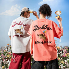 Nuthink American Trendy Brand Embroidered Letter Dog Short sleeved Men's T-shirt Orange Female Couple 2026 New Summer Edition