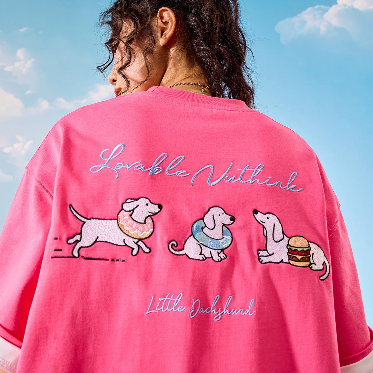 Nuthink Heavy Dog Sausage Dog Embroidery Short Sleeve T-shirt Rose Red Male and Female Couple 2026 Summer New Collection