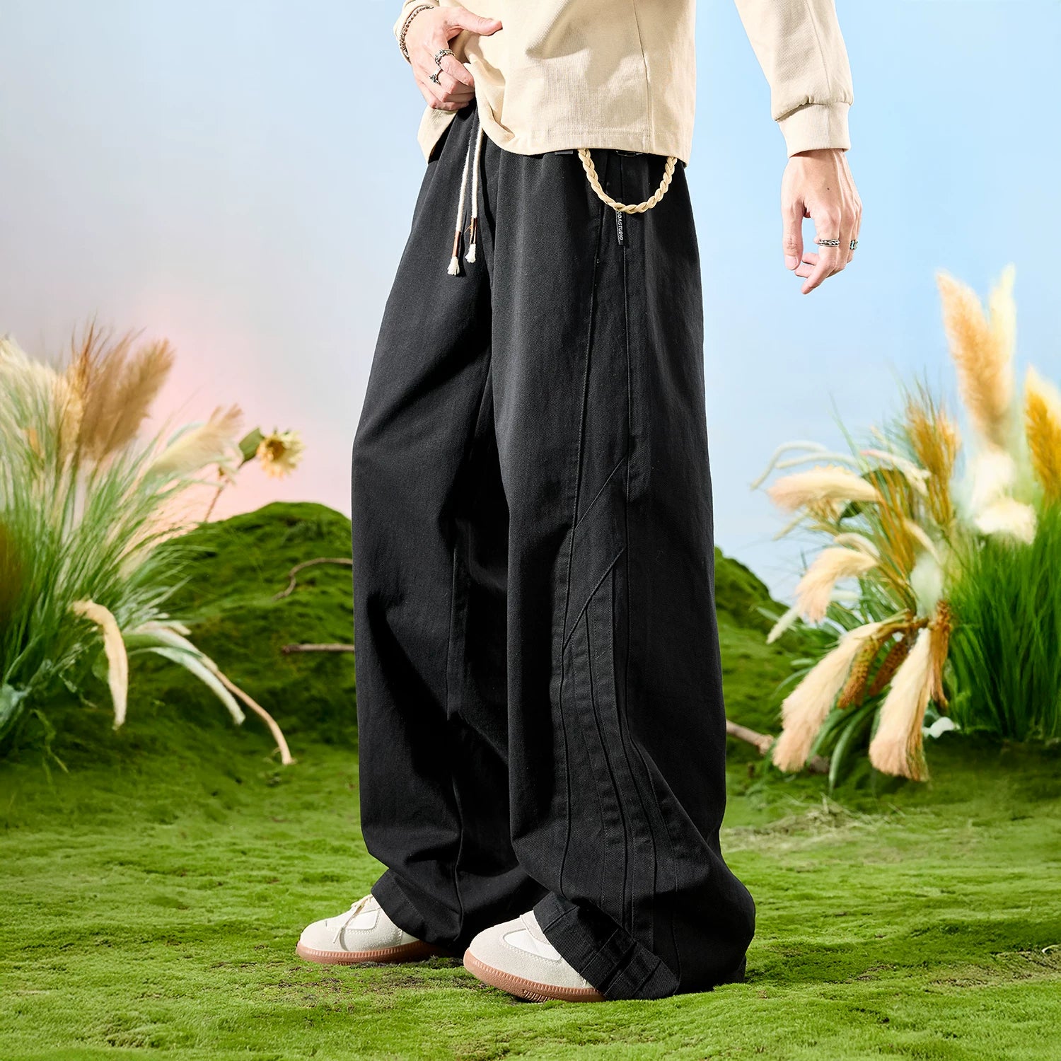Nuthink American retro street splicing wide leg curved knife work pants with fleece pants for men, spring 2026