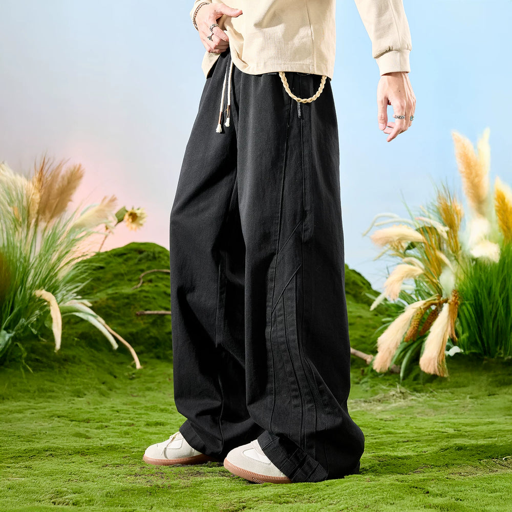 Nuthink American retro street splicing wide leg curved knife work pants with fleece pants for men, spring 2026