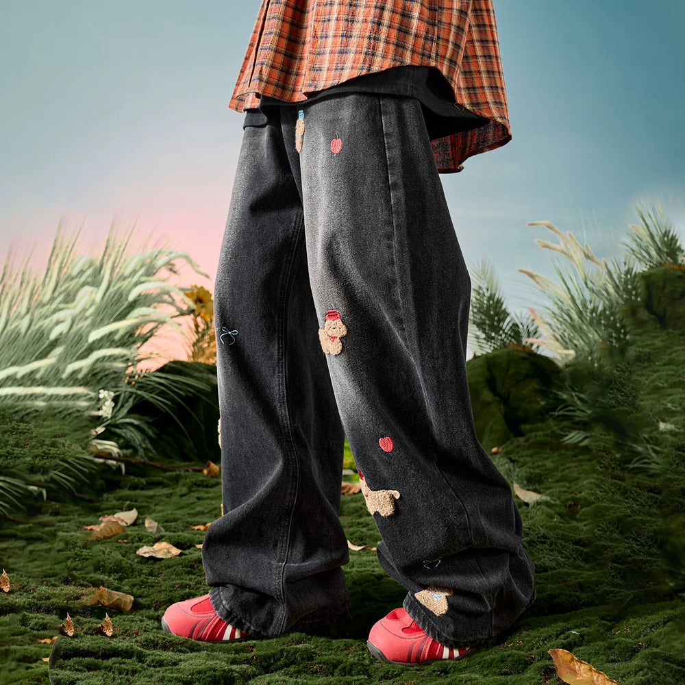 Nuthink American Embroidered Dog Jeans Washed Retro Plush Pants Men's Pants Spring 2026