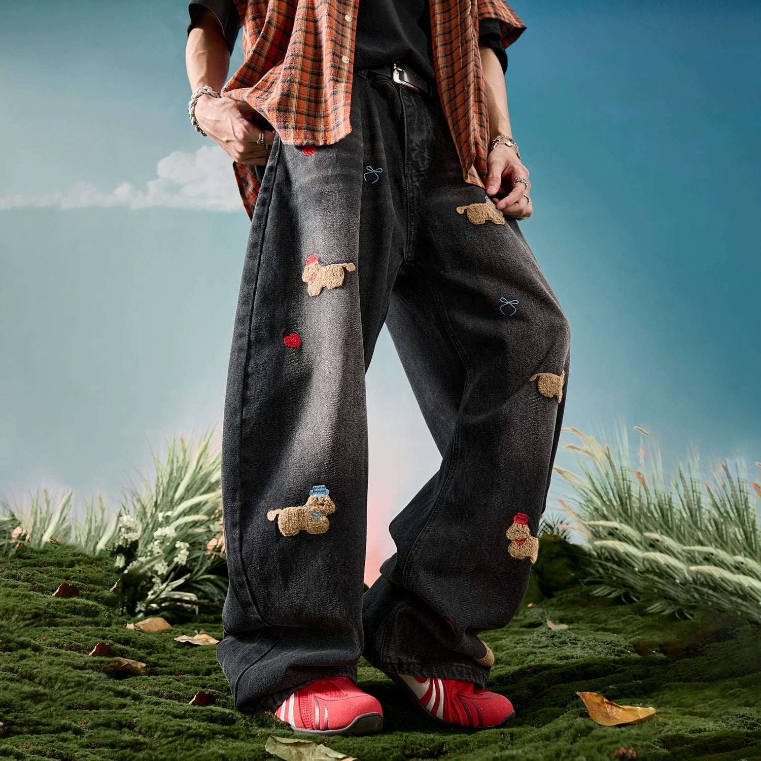 Nuthink American Embroidered Dog Jeans Washed Retro Plush Pants Men's Pants Spring 2026